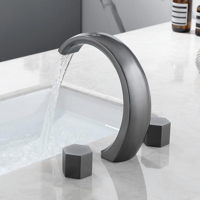 Light Luxury Bathroom Basin Faucet Gun Gray Copper Three Holes Two Handles Hot Cold Mixed Water Faucet Household  Basin Tap