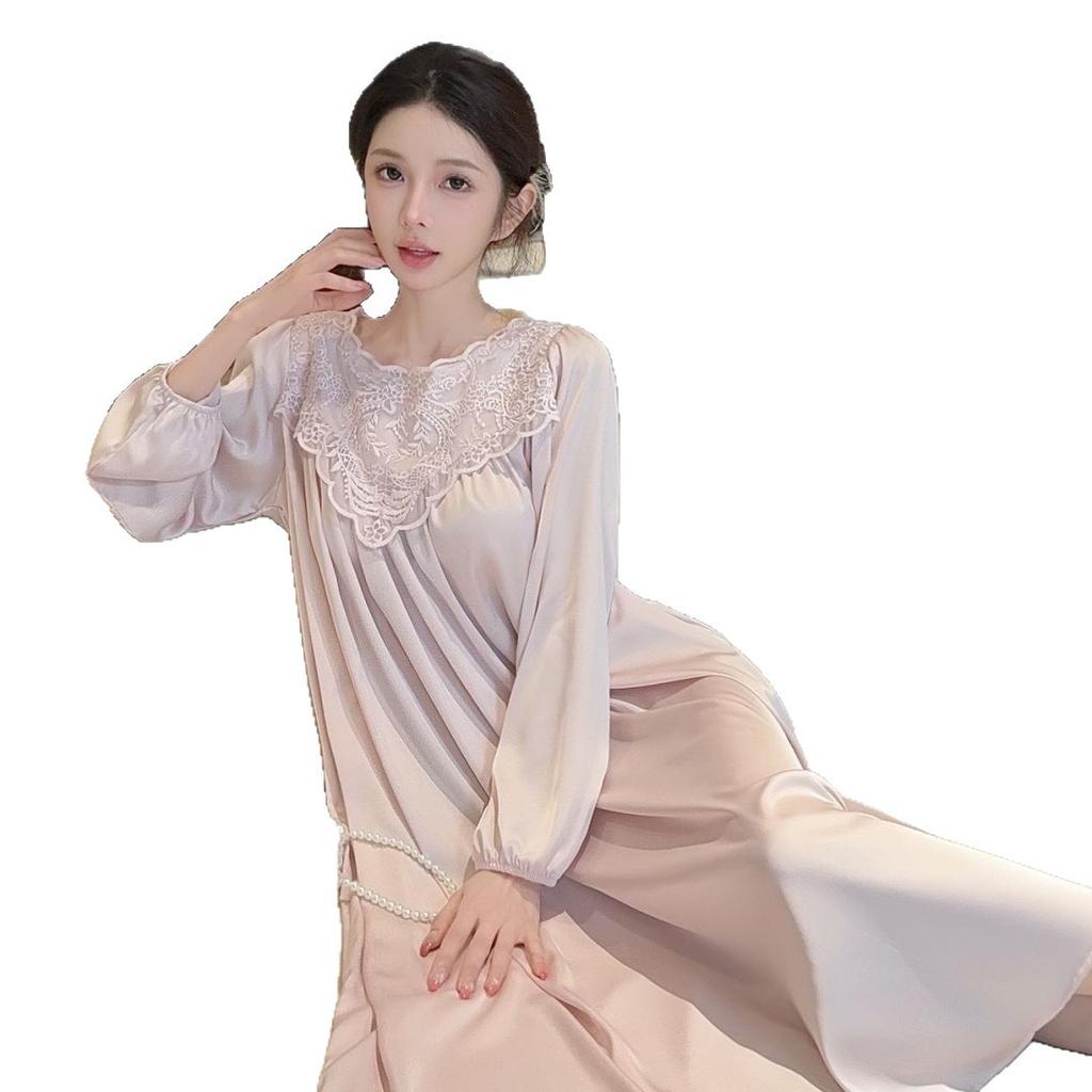 Extended Nightdress Women's Sexy Lace Beautiful Back Pajamas Sexy French Spring and Autumn Long-sleeved Ice and Snow Silk Long Dress Summer