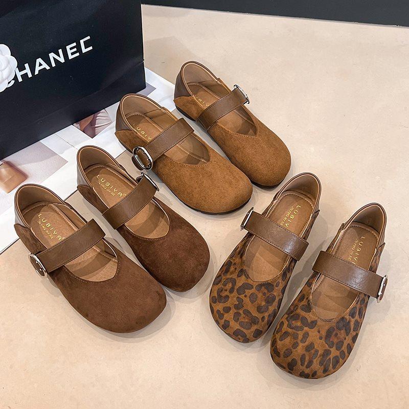 One-word Korean Version Autumn Retro Soft Sole Inner Height Increase 2025 Mary Jane Shoes Women's Shallow Mouth Single Shoes Leopard Print Sued