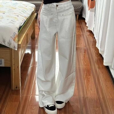 Jeans de ganga branca desfiada Feminino Verão Caimento Cintura alta Reto Solto Skinny Arrastando Calças de pernas largas Estilo de rua retrô Jeans folgados para senhoras