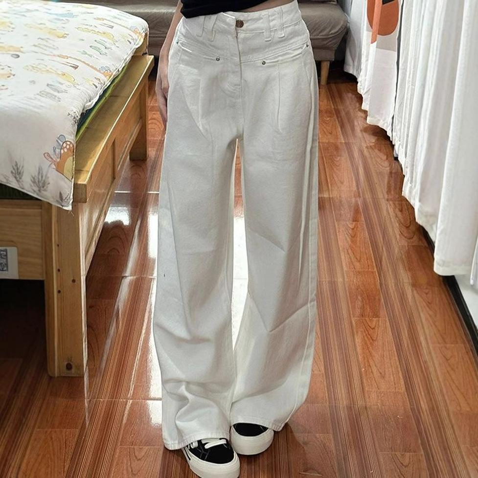 

Рваные белые джинсы из денима женские летние драпированные с высокой талией прямые свободные скинни брюки со шлейфом широкие брюки ретро уличный стиль мешковатые джинсы для леди M