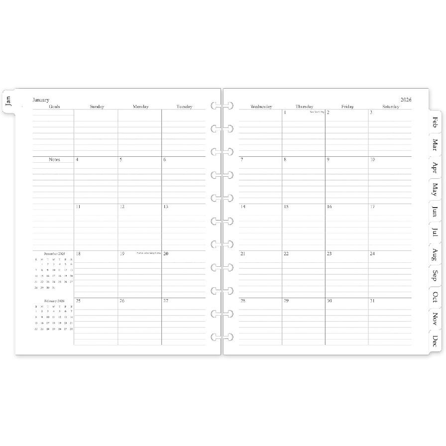 Ежемесячный планировщик 2026, Сменный блок для планировщика формата A4 Letter, 8.5 x11 , для 11-дисковых систем, Янв. 2026 - Дек. 2026, 12 ежемесячных календарей с ламинацией Junior Size(8-Disc)