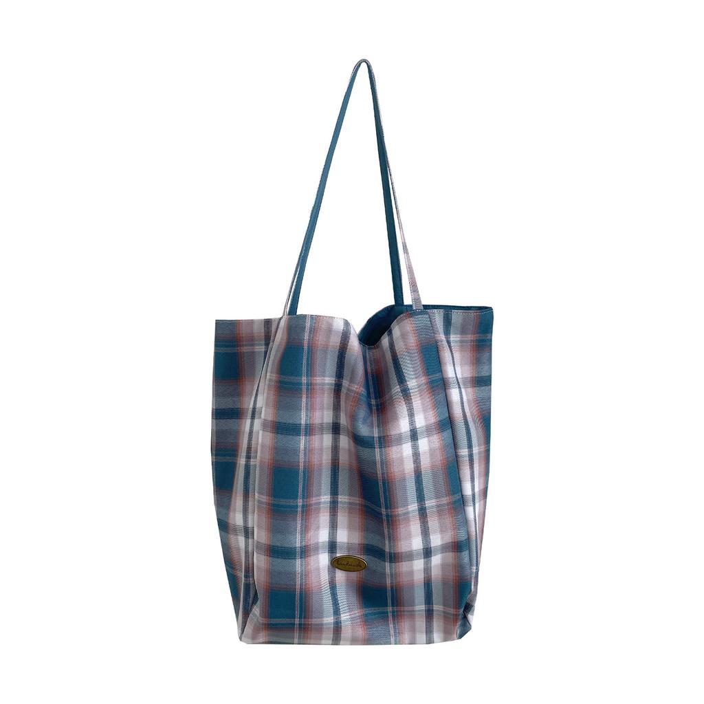 Contrast Color Women's Plaid Shoulder Bags Double Sided Large Capacity Female Shopping Bag Cartoon Dog Casual Tote Handbags