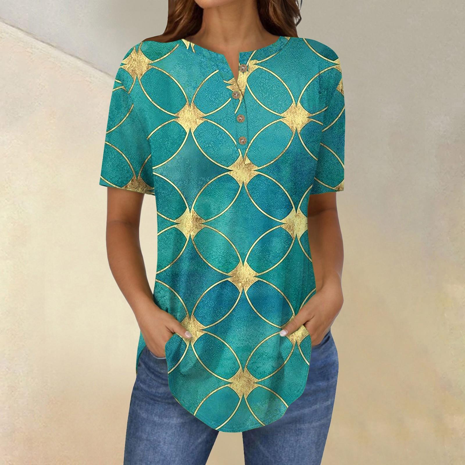 

Short Sleeve Womens Tops Summer T-Shirts Floral Print V Neck Casual Basic Tee Button Shirts Tunic Tops XL зелений