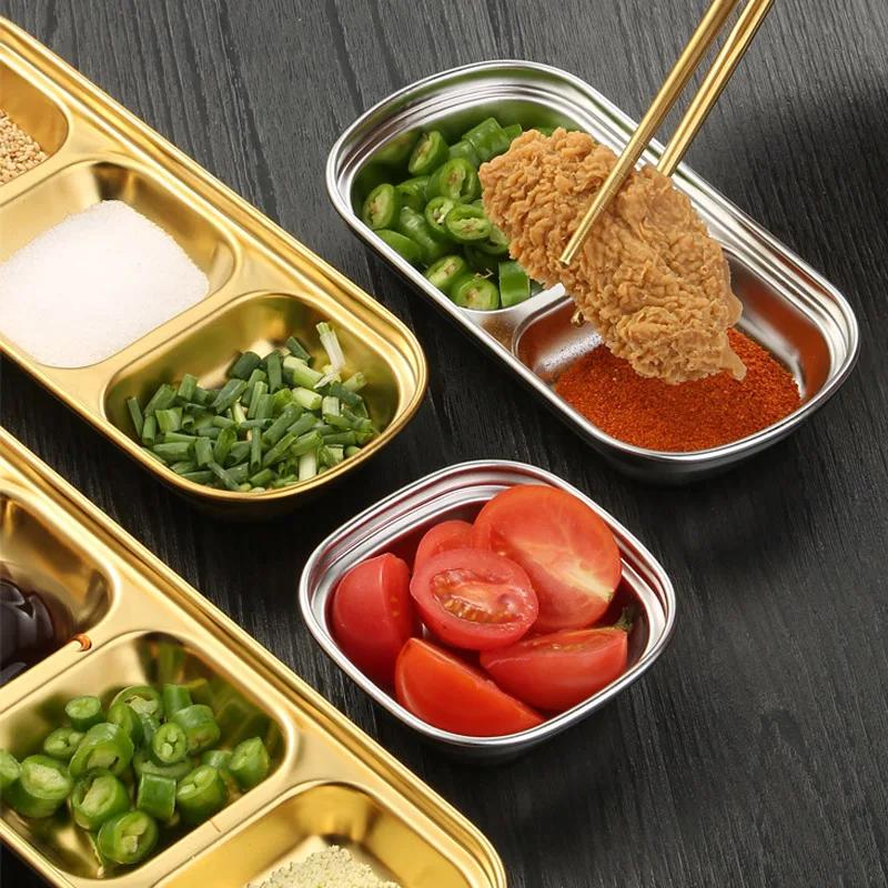 Stainless Steel 1-4 Grids Seasoning Plate Dipping Dish Sauce Dish Hot pot Barbecue Flavor Dish Kitchen Condiment Tray