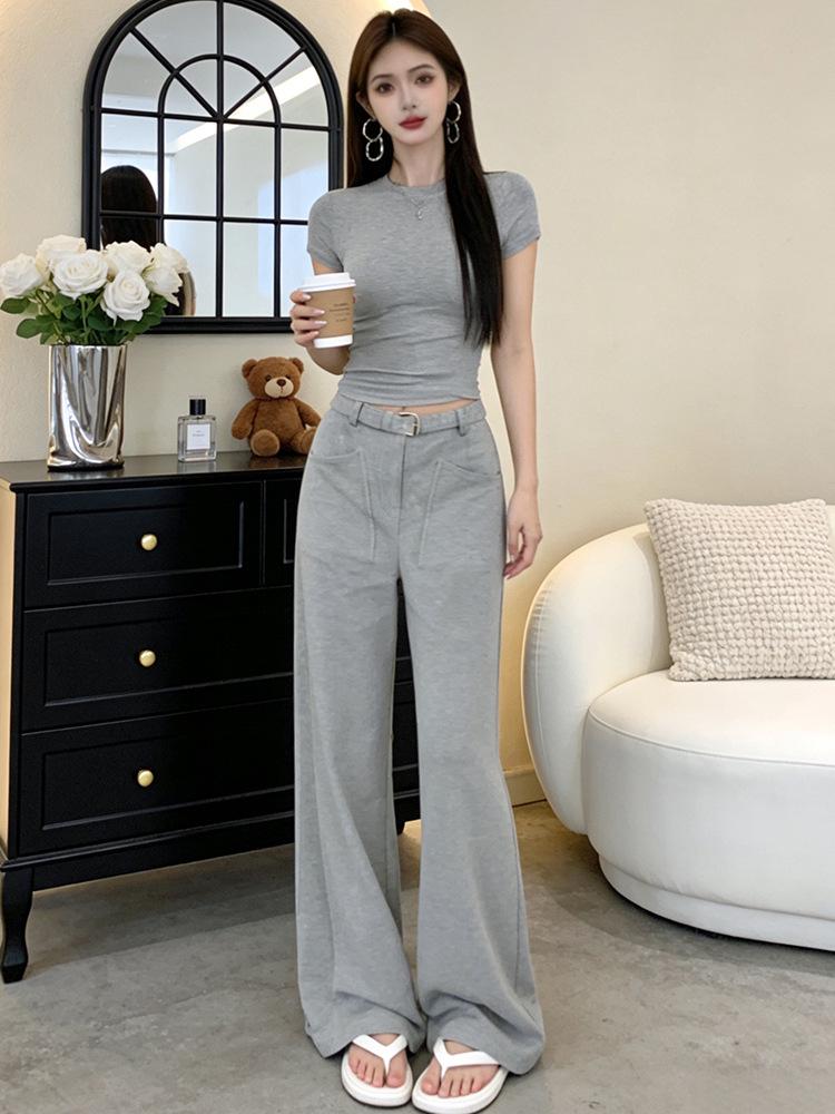 Summer 2026 Chic Grey Crop Top & Wide-Leg Pants Set for Women S