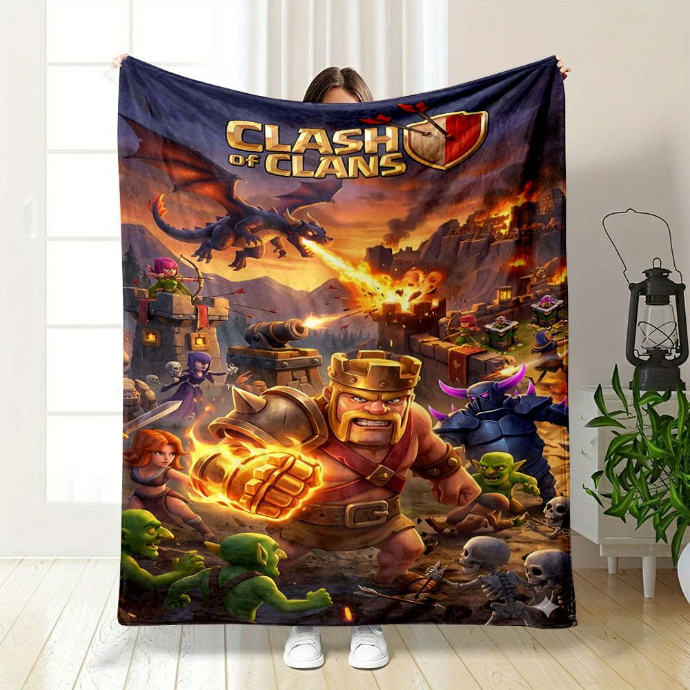 Fantasy battle scene with warriors, dragons, and castle under attack. for all seasons blanket lunch break throw gift