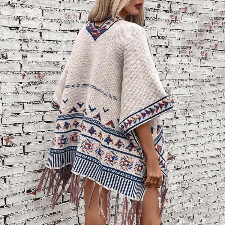 Fashion Women V-Neck Loose Knitwear Sweater Bat Sleeve Cardigan Autumn Winter Print Cloak Cross Border