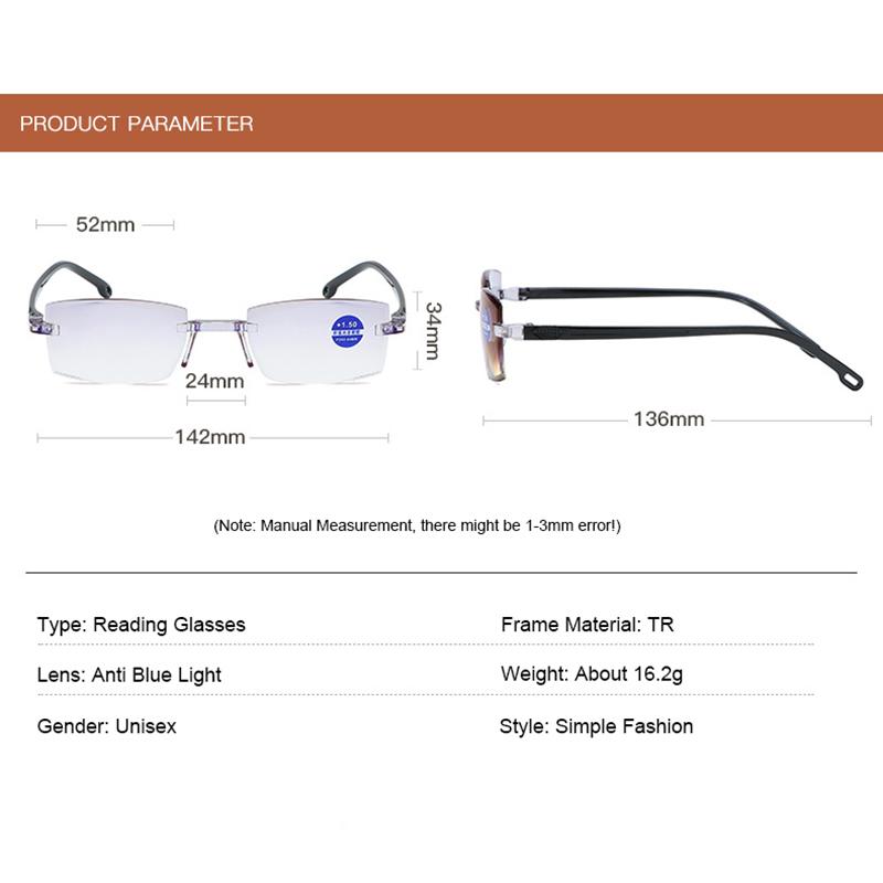 Men Square Rimless Reading Glasses Women Anti Blue Light Blocking Frameless Presbyopic Glasses Frame Diopters +1.0 1.5 2 2.5