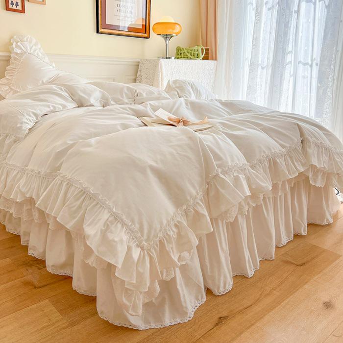 Nordic 100% Pure Cotton White Princess Ruffle Duvet Cover Set with Lace Bed Skirt