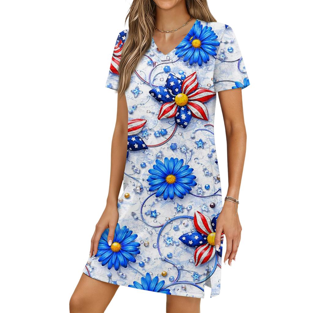 Women's Casual V-neck Short Sleeve Split Hem Independence Day Printed Dress