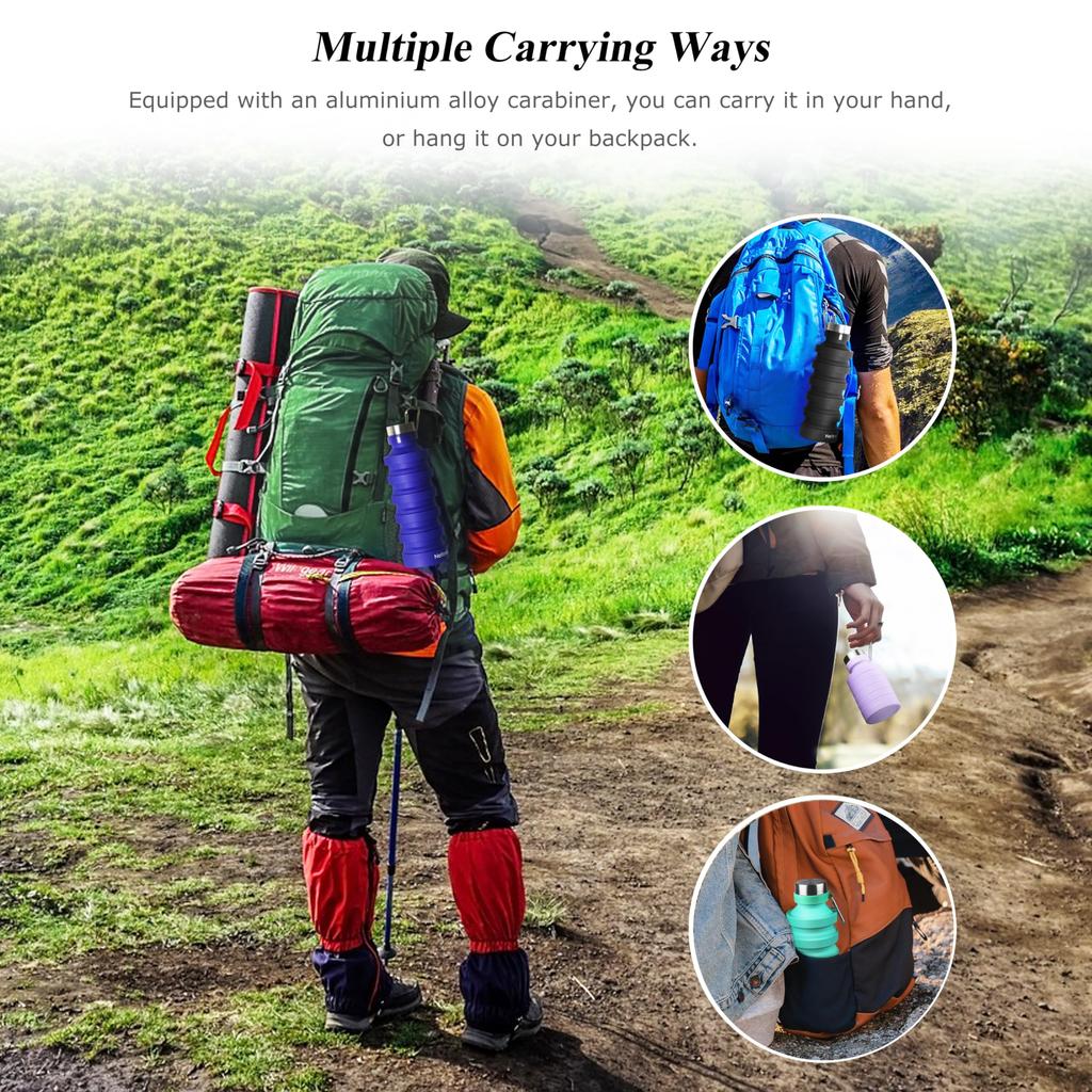 Nefeeko Collapsible Water Reusable Silicone Foldable Water Bottle for Portable Sports Water Bottle with Carabiner Bottle, BPA-Free Travel, Gym,