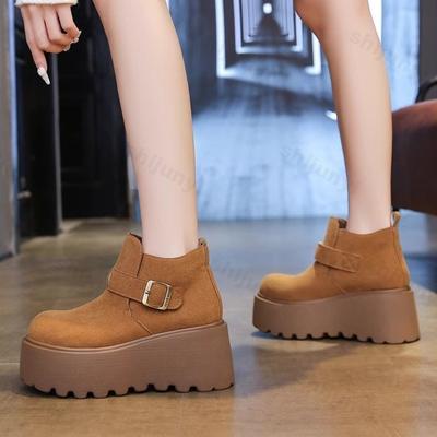 Platform Short Boots Women's Winter New Vintage Plush Fashion Buckle Strap Warm Shoes Non Slip Height Increase Ankle Boots