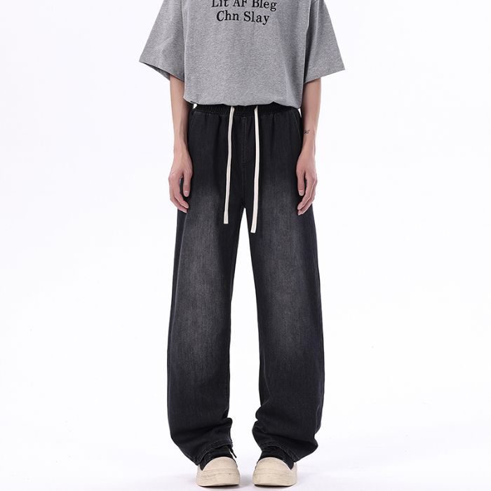 Three-bar Jeans with Loose Draping Style High Street Mopping Trousers