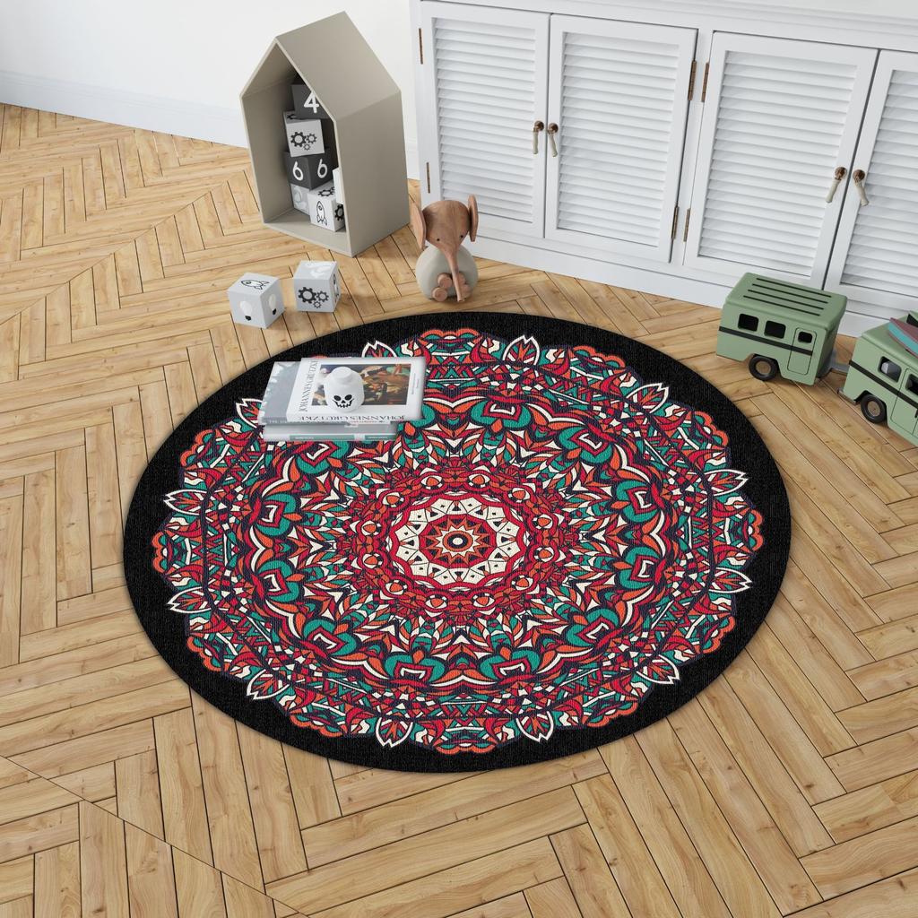 Round Area Rug With Mandala Geometric Patterns In Rich Colors Artistic Bohemian Style Soft Durable Floor Decor For Bedroom