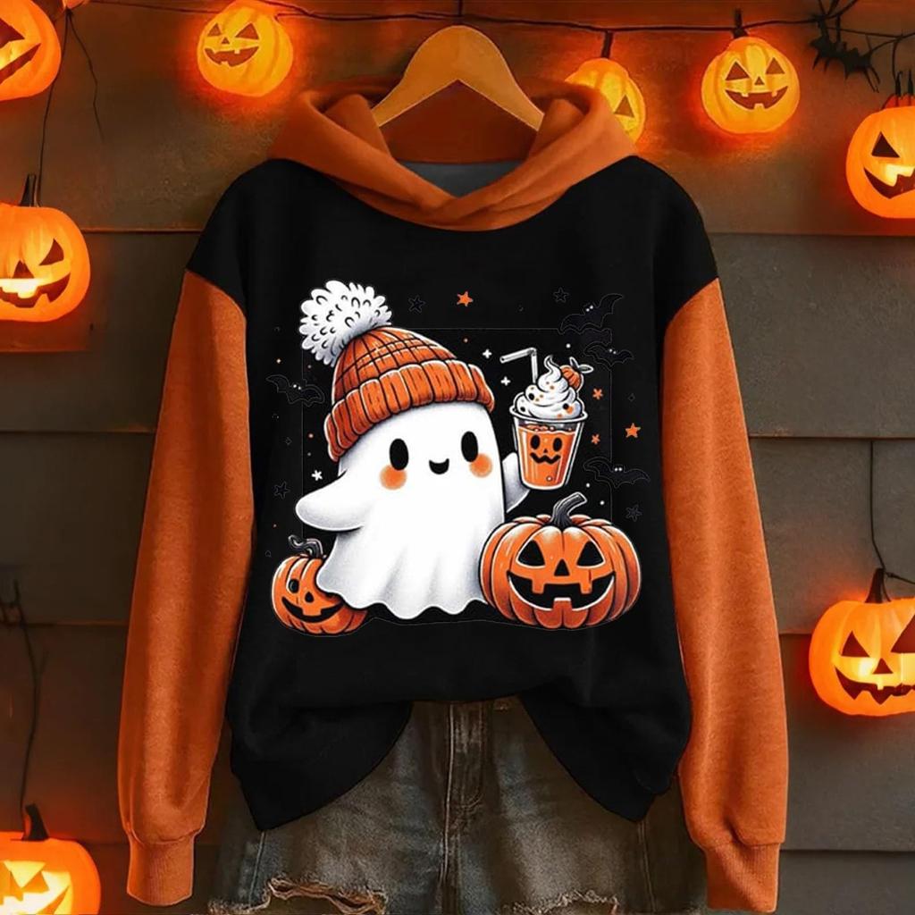 Ladies' Casual And Fashionable Halloween Printed Long Sleeved Hooded Warm Shirt Loose And Comfortable Hoodie