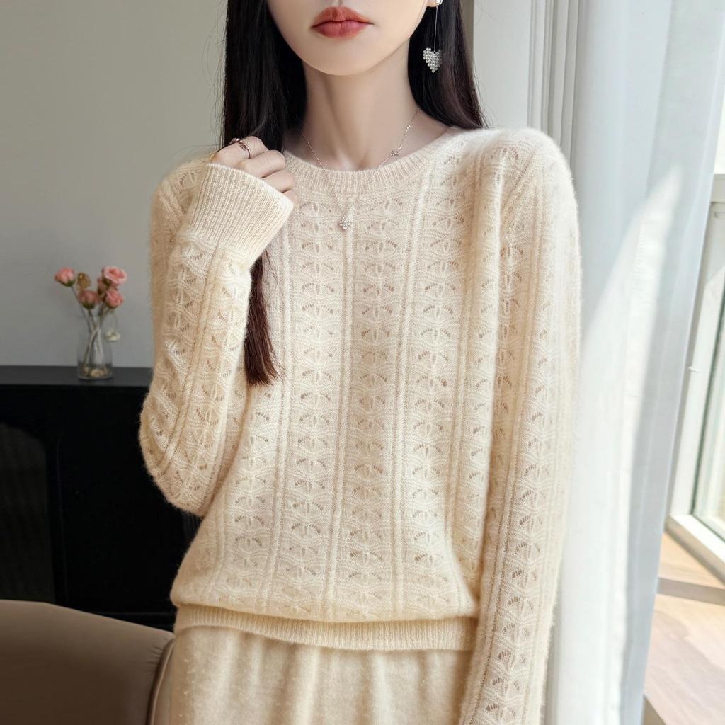2026 Early Autumn Women's 100% Pure Wool Hollow Out Round Neck Loose Knit Top