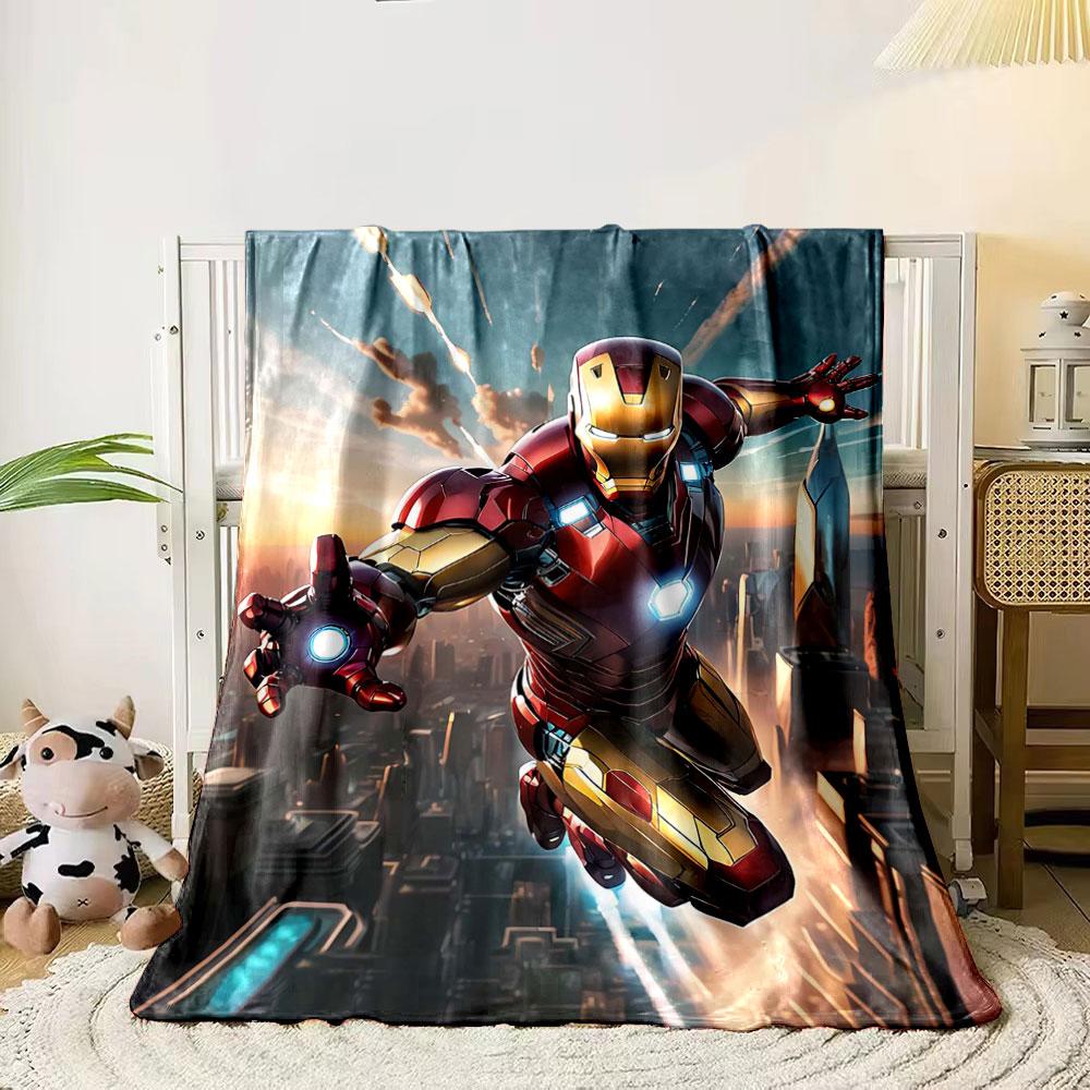A red and gold armored figure flying above a futuristic cityscape. for all seasons blanket lunch break throw gift 80cm x 120cm