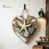 Hanging Wood Bead Ornament Rustic Coastal Heart Shape Wall with LED Light, Distressed Farmhouse Pendant Boho Style Living Room Art Beads & Jute