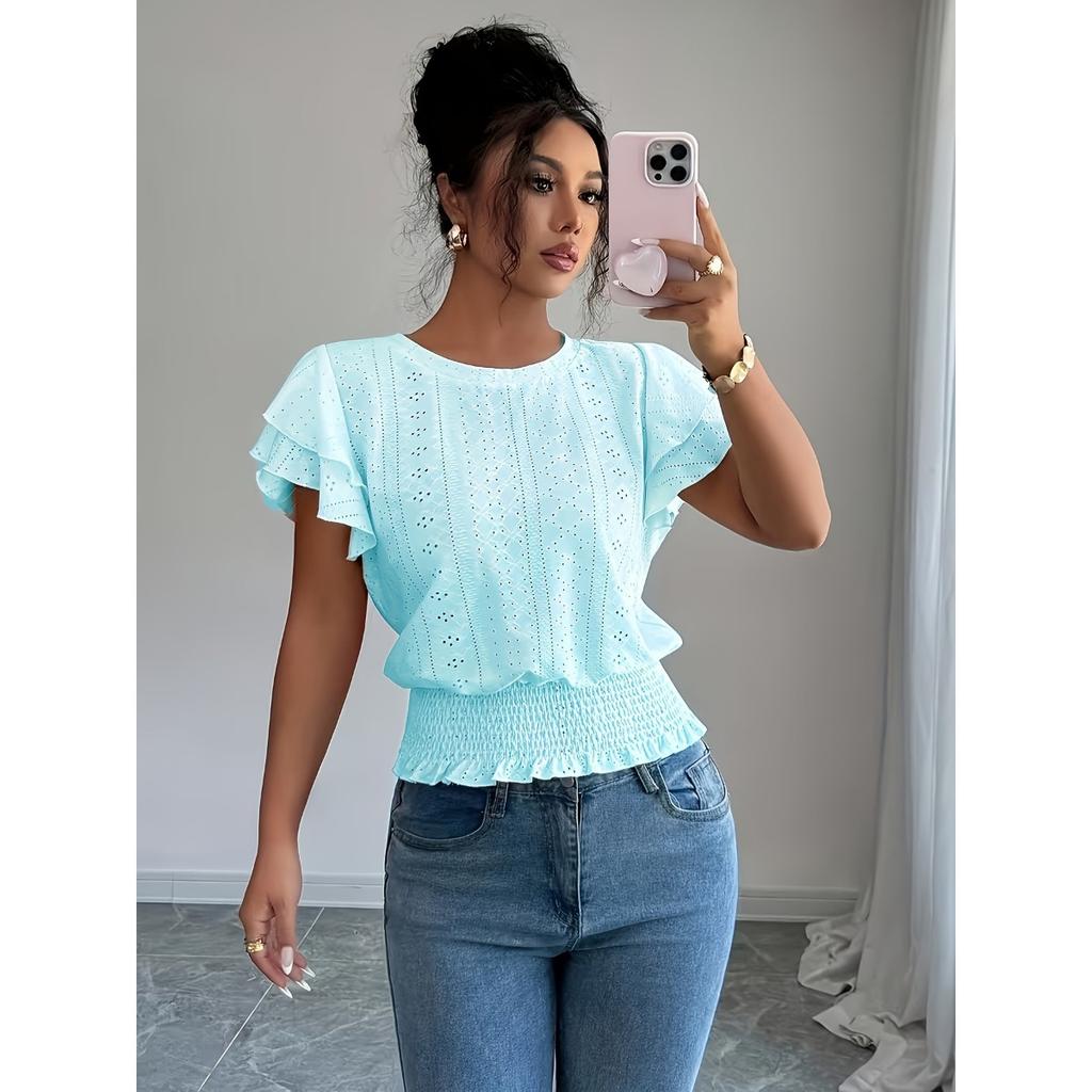 Damen Unifarben Lässig Ausgeschnitten Spitze Ärmel Rundhals Kurzarm T-Shirt, Europäischer Amerikanischer Stil Frühling Sommer Oberteil