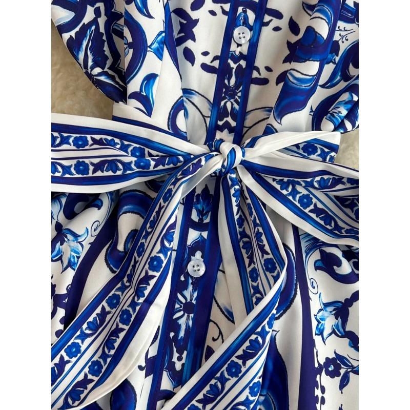 Chinese Style Print Women's Dress Lapel Short Sleeves Belt Single Breasted Contrast Color Dresses 2024 Summer New 27C216
