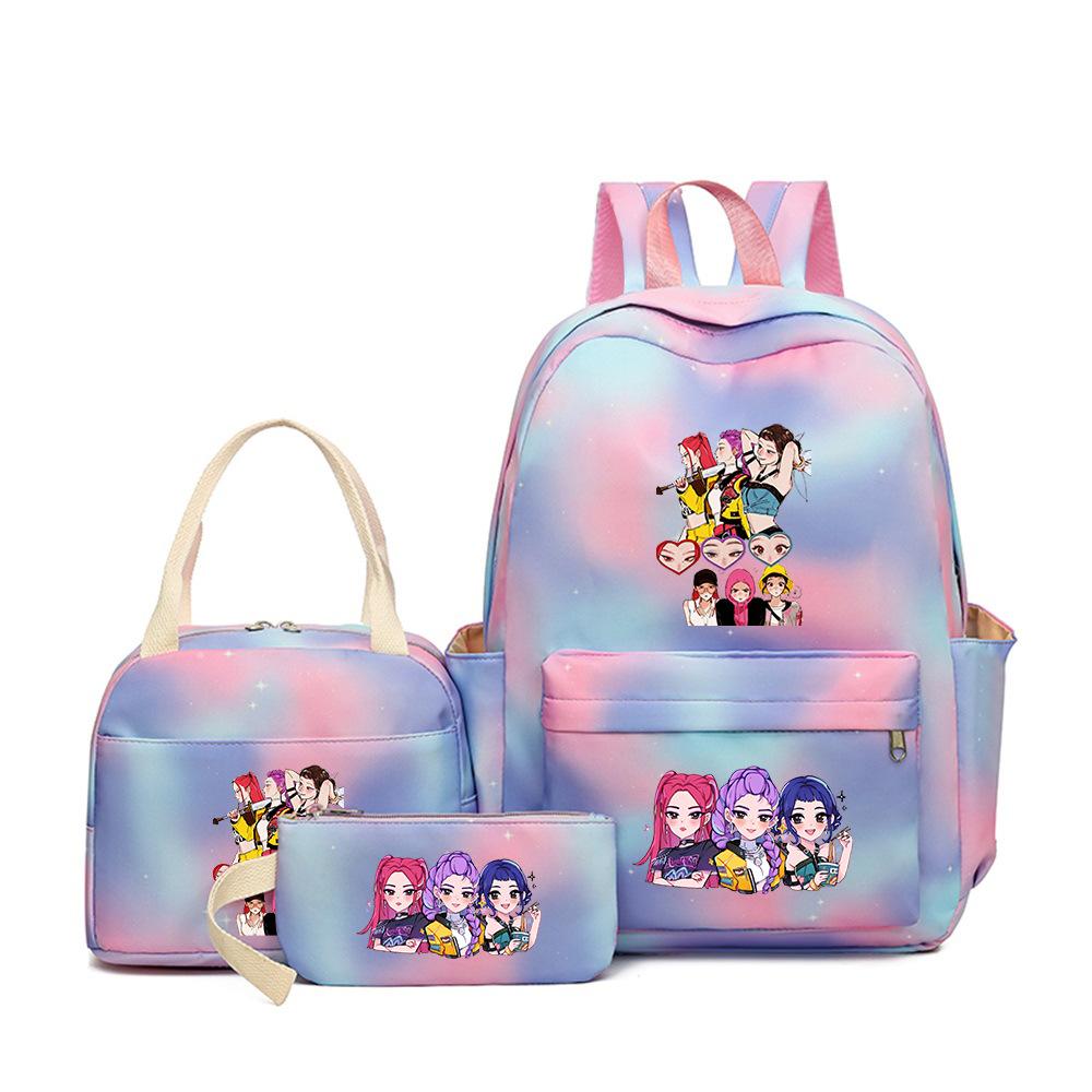 Demon Hunters Three-Piece Children'S School Bag Large Capacity 3D Digital Color Printing Kindergarten School Bag Meal Bag Pencil Bag