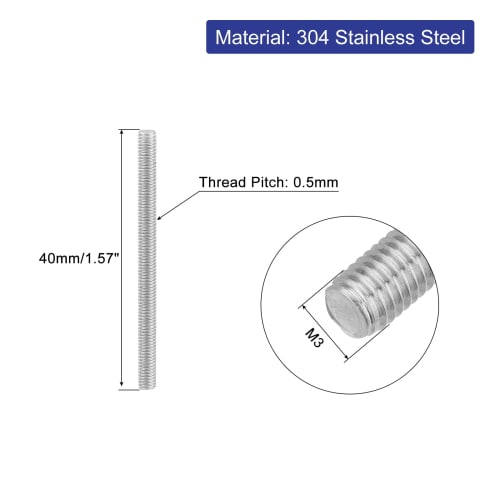 uxcell Fully Threaded M3 Threaded Rod Stud Bolts, Long Thread, 40mm Length, 0.5mm Pitch, 304 Stainless Steel, Right-Hand Thread, 8 Pieces