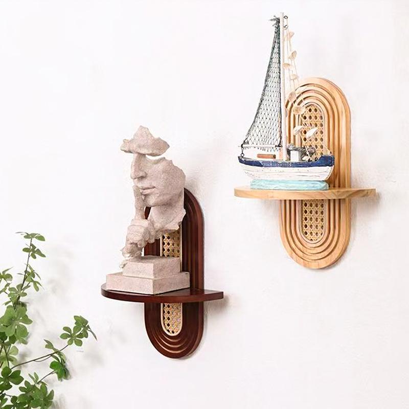 1PC Solid Sturdy Shelf Natural Wood Bohemian Wall Minimalist Rattan Weave Space-Saving Mounted Multi-Purpose