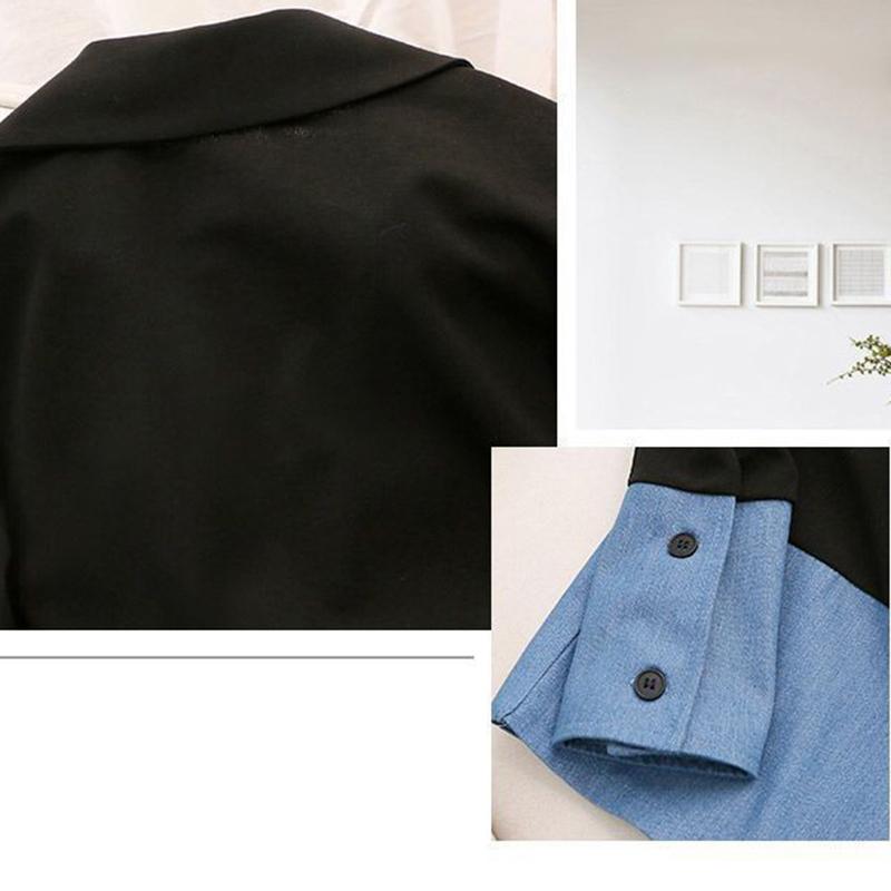 Cowboy Splicing Blazer Women Casual Loose Patchwork Denim Large Size Coat Polo Collar Long Sleeved Jacket New Fashion  Autumn