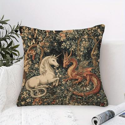 1Pc Unicorn And Dragon Medieval Throw Pillow Cover, 2D Double-Sided Print Soft Polyester Cushion Case For Home Sofa Bedroom Car