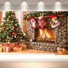 Christmas Fireplace Backdrop with Tree Stockings Gifts Cozy Holiday Photography Background for Family Party Decoration