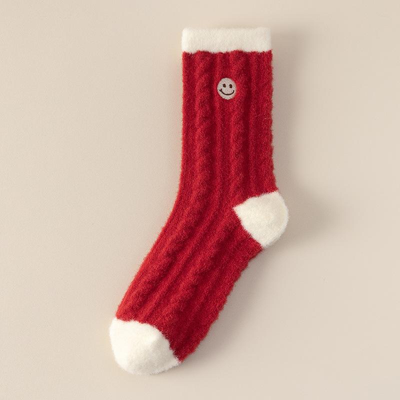 Red Australian Velvet Socks Female Cute Flower Bow Embroidered Medium Tube Socks Velvet Thickened Warm Winter Sleep Socks