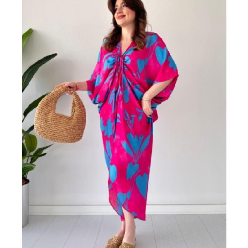 European and American spot new loose bat sleeve fashion casual printing drawstring irregular women's dress