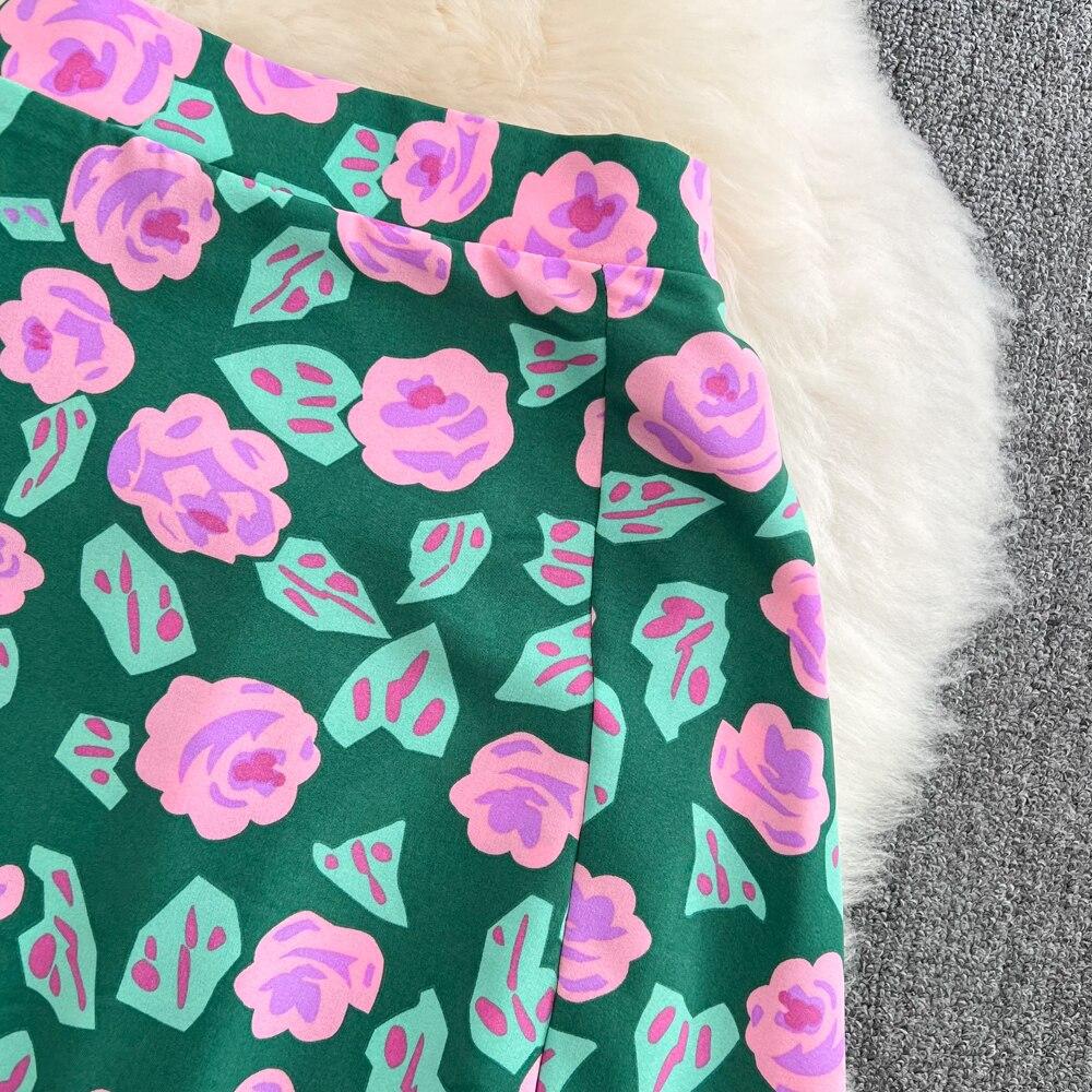 Seaside Holiday Suit Women's Neck Slim Short Top Two Piece Set High Waist Floral Split Skirt Summer New