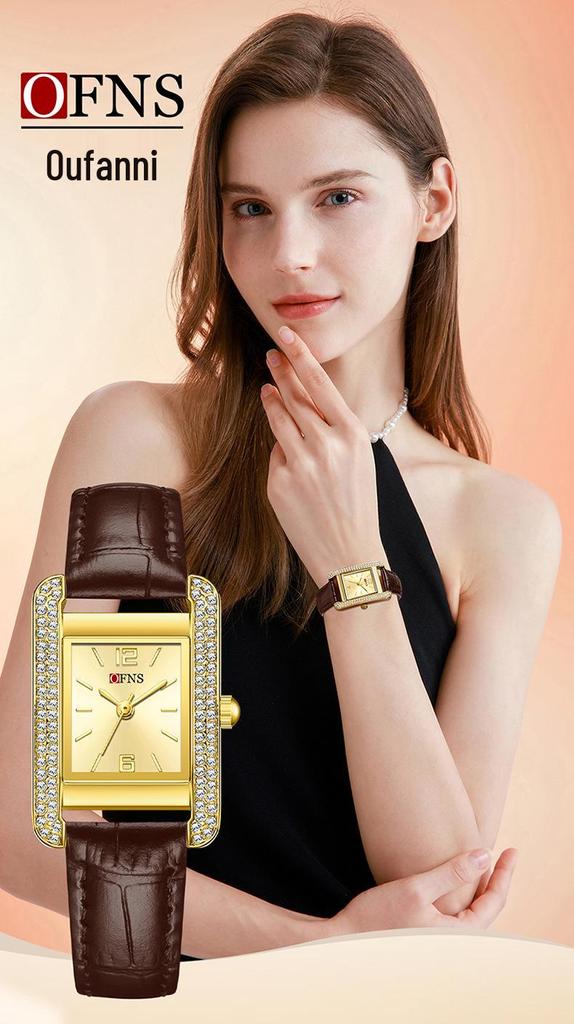 OFNS Elegant Women's Square Dial Watch: Simple Niche Bar Markers, Waterproof, Luxury Diamond Inlaid Quartz.