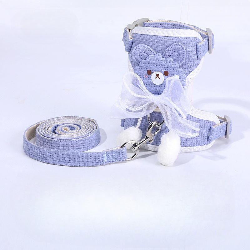 bow pet chest harness leash 2-piece set, comfortable breathable mesh cat chest harness, anti-escape dog chest harness