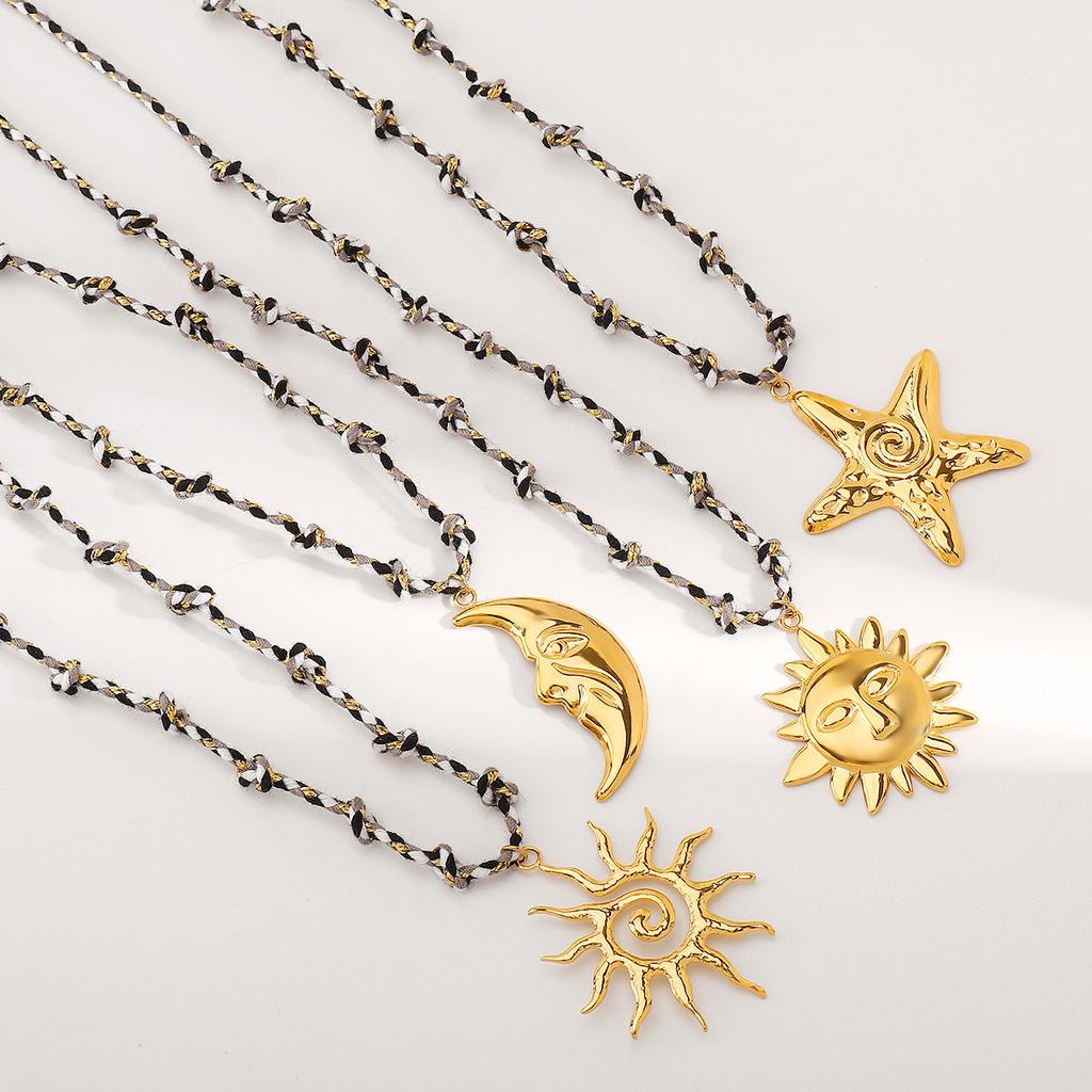 Stainless Steel Personality Sun Star Moon Pendant Necklace Creative Design Black And White Rope Necklace