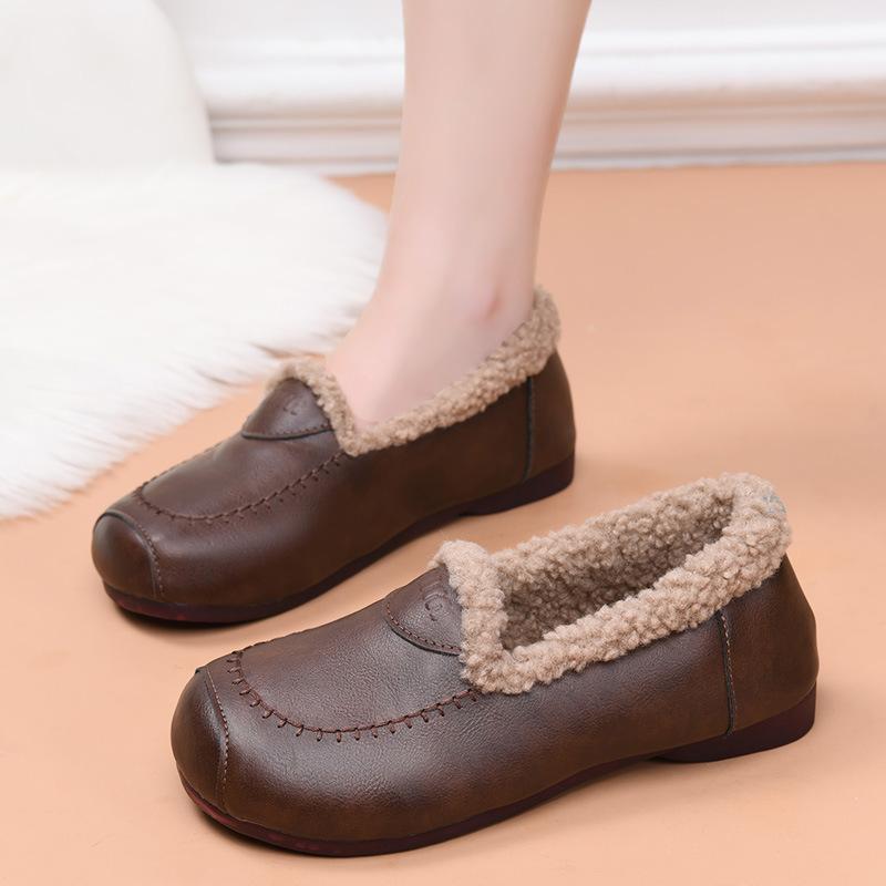 Processing custom Doudou shoes for women's winter wear 2025 new plush warm fluffy shoes flat bottom low top mother cotton shoes