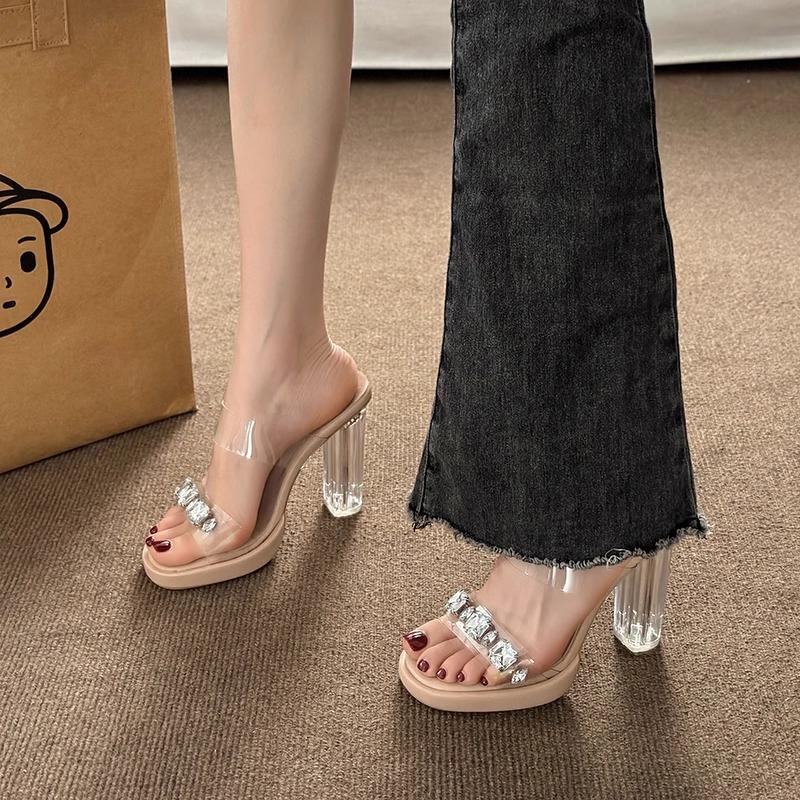 High heels women's outer wear summer new French thick heel rhinestone transparent crystal sandals women's slippers women's shoes