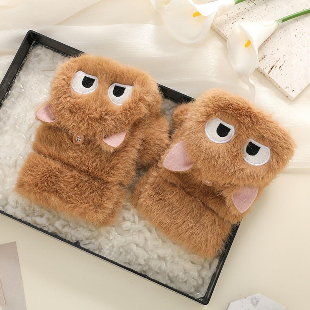 

Thicken Winter Flip-up Mittens Plush Short Fingerless Gloves for Students Girls Brown/Cat