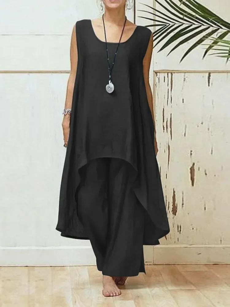 2024 Women's Asymmetrical Sleeveless Top & Loose Pants 2-Piece Set - Spring/Summer Sportswear