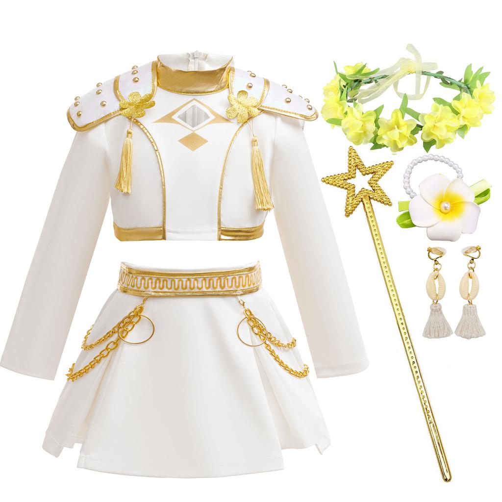 Nuovo Carnevale di Halloween Tema Festa Ragazze Cosplay Moda Carino Bianco Maniche Lunghe Vestito + Set di Accessori 3-10 Anni