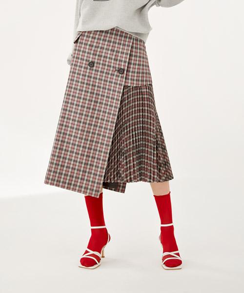 Denivel Asymmetrical Pleated Skirt (Check)
