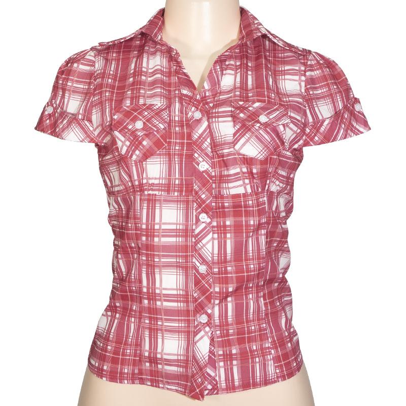 

Women s Blue and White Plaid Short Sleeve Shirt, Collar, Button Front, Two Chest Pockets L