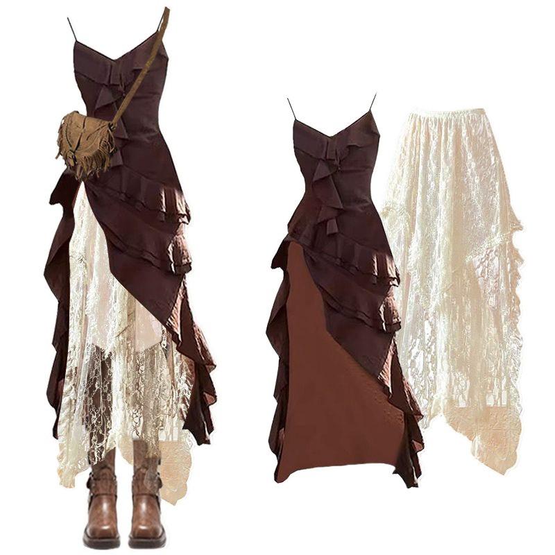 2024 Women's Autumn Retro Slit Suspender Dress with Lace Skirt - Two-Piece Set