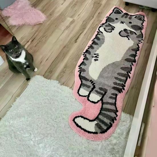 Plush Cat Rug Cute Cartoon Kitten Floor Mat Anti-Slip Soft Bedside Rug for Bedroom Living Room Playroom Kids Room Decor