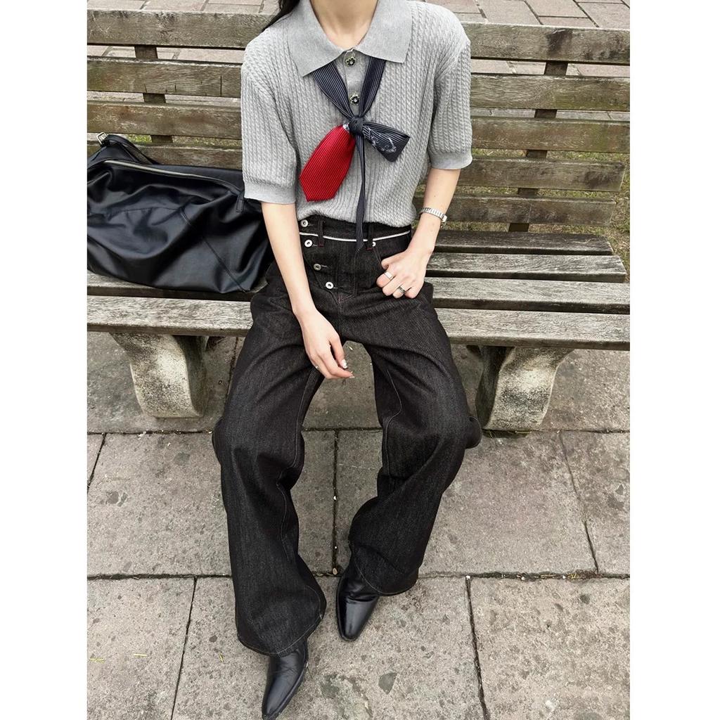 Primary Color Red Diagonal Buckle Jeans Men's Straight Loose Cleanfit Retro Washed Slightly Wide Leg Pants