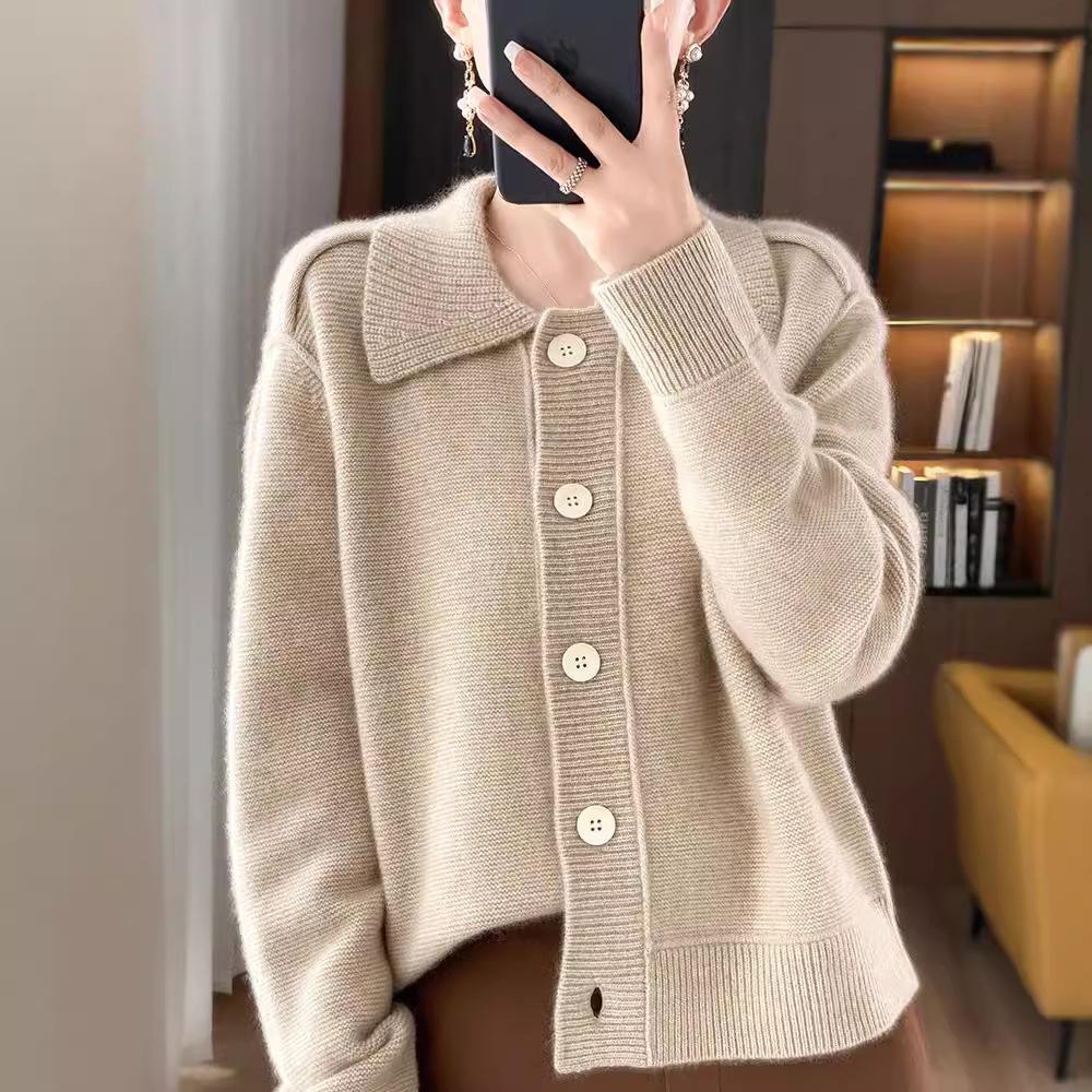 Women's Soft Breeze Polo Knit Cardigan - Lapel, Solid Color, Loose Fit, Slimming, Soft Texture, Long Sleeve Sweater Top.