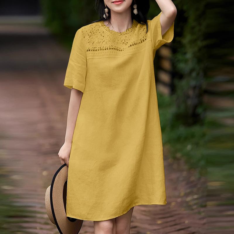 ZANZEA Abito Tunica Casual Vintage da Donna con Scollo Rotondo e Maniche Corte con Patchwork di Pizzo