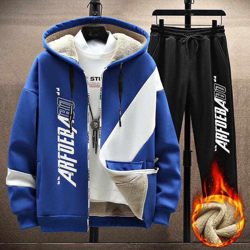 Autumn Winter Fashion Sports Printed Thick Warm Suit Men's Casual Relaxed Comfortable Set
